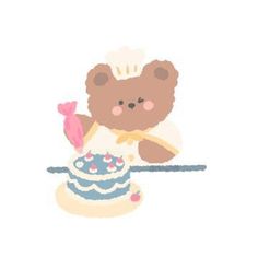 a teddy bear sitting next to a cake