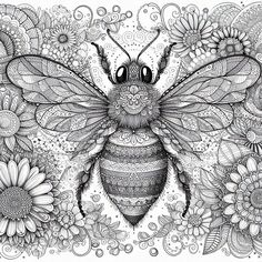 a black and white drawing of a bee surrounded by flowers