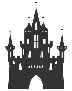 a black and white silhouette of a castle with turrets on it's sides, against a white background