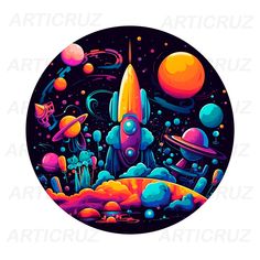 an image of a colorful space scene with planets and stars in the sky on a black circle