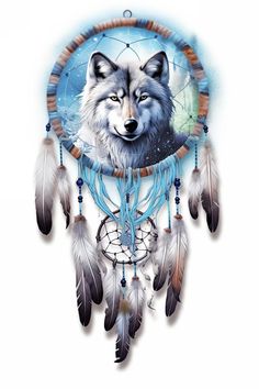 an image of a wolf with dream catcher