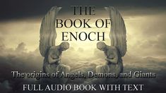 an angel sitting on top of a cloud filled sky with the words, the book of enoch