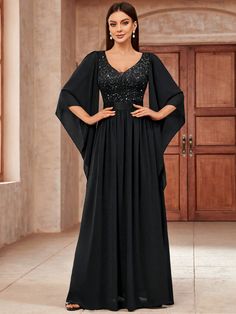 Black Party Collar Long Sleeve Lace Colorblock,Plain,All Over Print A Line Embellished Slight Stretch  Weddings & Events Women Formals, Formal Party, Maxi Dress Party, Evening Dress, Chiffon Lace, Formal Evening Dresses, Long Sleeve Lace, Black Maxi Dress, Floral Lace