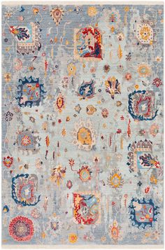 an area rug with many different colors and designs on it, including blue, red, orange