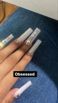 White Nail Inspo With Gems, Simple Long Nails With Gems, All White Nails With Gems, White Long Nails With Gems, Rhinestone White Nails, Plain White Nails With Rhinestones, Long Acrylic Nails Rhinestones, Nail Diamonds Ideas, Simple Long Acrylic Nail Designs