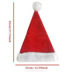 a red santa hat with white fur on the top and bottom, measurements for size