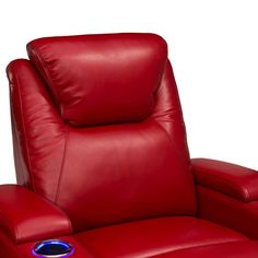 a red reclining chair with a blue light on it's armrests