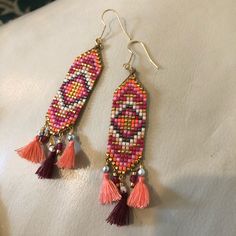 Never Worn! Gorgeous Beaded Earrings With Fringe Detail! Just Over 3” Long Including Hook. Half Inch Wide. No Flaws! Christmas Fringe Earrings, Beaded Skeleton, Skeleton Rose, Pink Beaded Earrings, Rose Earring, Long Beaded Earrings, Earrings Patterns, Beaded Fringe Earrings, Seed Bead Patterns