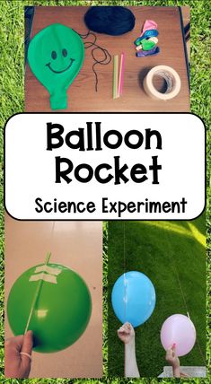 balloon rocket science experiment for kids on the grass with text overlay that reads balloon rocket science experiment