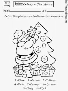 a coloring page with santa claus and christmas tree in the corner, as well as numbers