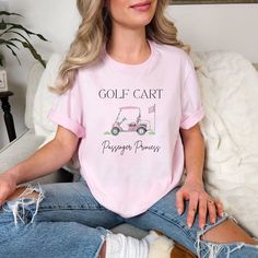 Golf Cart Princess T-Shirt, coquette golf, soft girl aesthetic, funny Golfing Outfit for Wife, Cart Girl Shirt, Gift for Her, pink vibes The perfect Minimalist Personalised Tee! How to order: 🌸 Choose your size and colour  🌸 Click add to cart.  🌸 Click "Proceed to check out"  🌸 Once payment has been processed this will be sent to our production partner within 24 -48 hours,  🌸 If you are ordering a black sweatshirt we will automatically change the writing to white for you. Please see item sp Pink Short Sleeve Tops For Golf, Pink Tops For Summer Golf, Sweat Noir, Aesthetic Funny, Shirt Coquette, Soft Girl Aesthetic, Golf Humor, Pink Vibes, Girl Shirt