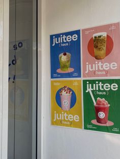 posters on the wall in front of a door that says juttiee and juice