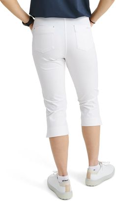 Elite high waist capri pant is made of a soft functional material in a 4-way stretch that is also very breathable. The fabric has drycool and wicking effects. Front zipper, two front, and two back pockets give room for the necessities. The right back pocket also has silicon tape to keep the scorecard in place. The ladies' stretch capri pants' belt loops around the waist allow a belt. Feminine fit that works just as well on course as off course. Elite stretch capri trousers are so comfortable tha Versatile Stretch Ankle-length Capris, Capri Length Pants With Side Pockets, Versatile Stretch Capri Pants, Casual High Stretch Capris, Functional Stretch Knee-length Shorts, 4-way Stretch Upf 50+ Short Bottoms, Spring 4-way Stretch Capri Bottoms, Athleisure Capris With 4-way Stretch, Versatile Stretch Capri Length Bottoms