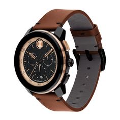 Update your casual or dressy looks with this men's Movado Bold® Tr90 brown leather chronograph watch with black and bronze-toned accents. The black and bronze-toned dial features Swiss Super-LumiNova® hands, three chronograph sub-dials, a date display and signature dot marker. 44.0mm black and bronze-toned stainless steel case with mineral crystal. Swiss quartz movement keeps accurate time. The brown cognac leather strap secures with a buckle clasp. Water resistant to 50 meters, this watch includes a 2-year limited manufacturer warranty. We are an authorized Movado dealer. Modern Brown Leather Watch, Modern Brown Chronograph Watch With Round Dial, Brown Watches With Subdials, Luxury Brown Automatic Chronograph Watch, Masculine Brown Watch With Subdials, Masculine Brown Watch Accessories With Subdials, Brown Watch Accessories With Subdials, Masculine Brown Leather Watch, Modern Brown Chronograph Watch For Business