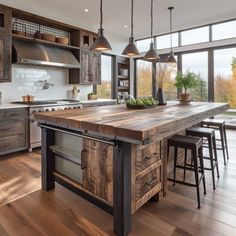 a kitchen island made out of wooden planks