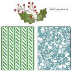 the paper house christmas holly and berries dies are shown in three different patterns, one with