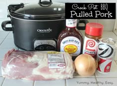 the ingredients to make this slow cooker pulled pork recipe are shown in front of an open crock pot