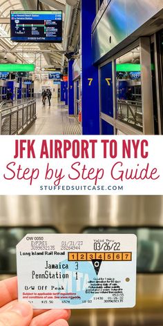 The top image shows the train from JFK airport to NYC Manhattan, the bottom image shows a train ticket. Cheap Nyc Trip, New York Tips And Tricks, Visiting Nyc First Time, New York Tips, Traveling To New York City, Thanksgiving In Nyc, New York Itenery, Jfk Airport New York, Dc To Nyc Train