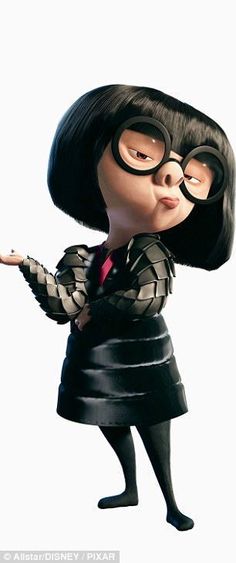 an animated character dressed in black and white with glasses on her head, pointing at something