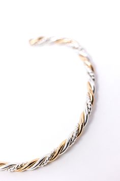 The Braided Trifecta Bangle Cuff Bracelet (Gold and Silver) is the perfect bracelet if you love mixed metals. It is made of sterling silver and gold filled wires twisted together to make a stunning addition to your stack. (CHECK SIZING INSTRUCTIONS BELOW) *Non engraved orders may take up to 2-4 business days before shipping. Orders, including engraved jewelry items may take up to 3-5 business days. MOST COMMONLY ASKED QUESTIONS 1. What material is this bangle made of? .940 Argentium Sterling Sil Lina Core, Baby Boy Jewelry, Boy Jewelry, Mixed Metal Bracelet, Cuff Bracelet Gold, Mixed Metal Bracelets, Engraved Bangle, Boys Jewelry, Bangles Making