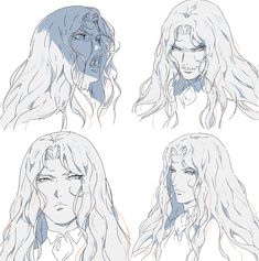 four different views of a woman's head with long, wavy hair and blue eyes