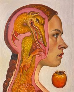 a painting of a woman's head with an apple in front of her and a dragon on the side