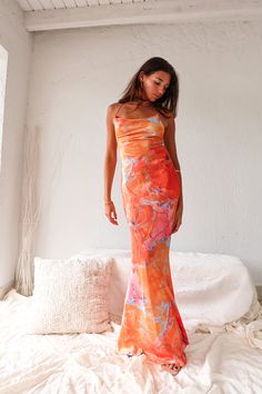 Brunch Outfit White, Sunday Brunch Outfit, Crinkle Dress, Nikki Beach, Orange Maxi Dress, Tequila Sunrise, Satin Maxi, Brunch Outfit, Satin Maxi Dress