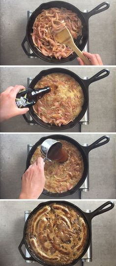 three pictures showing how to cook pasta in a skillet