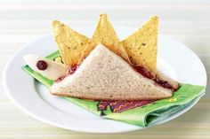 a sandwich on a plate with chips and ketchup in the shape of triangles