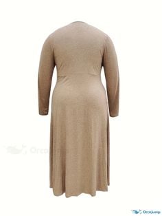 Orcajump - Plus Size Casual Dress, Women's Plus Button Decor Long Sleeve Cowl Neck High Stretch Dress With Pockets Stretch Solid Dresses With Buttons, Solid Stretch Dresses With Buttons, Stretch Solid Color Dresses With Buttons, Casual Dress Women, Plus Size Casual Dress, Button Decor, Stretch Dress, Dress With Pockets, Chest Pad