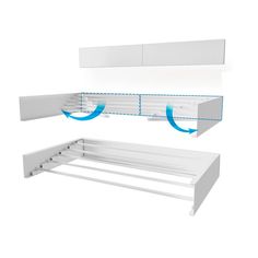 a white shelf with two blue arrows hanging from it's sides and another shelf above it