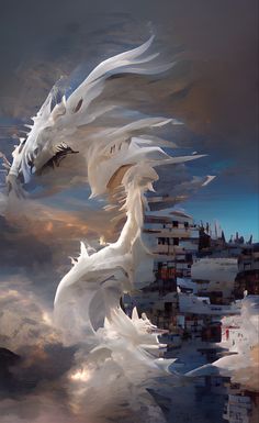 a white dragon flying over a city in the sky with buildings and clouds behind it