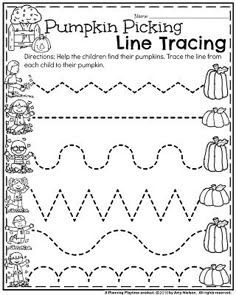 the pumpkin picking line traceing worksheet for preschool and pre school students to practice their handwriting skills