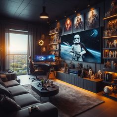 a living room with star wars memorabilia on the wall and pictures on the television screen