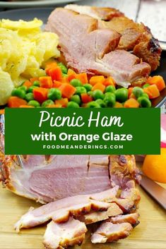 ham with orange glaze and vegetables on a cutting board