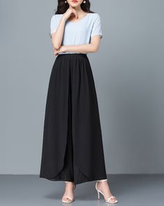 * Wide-leg skirt-shaped pants spun with high-quality chiffon fabric. * Elastic waistband and A-line shape, make you look more taller and thinner. *Material: 100% chiffon *Let us know your regular size and overall height in your country. *The waist size and length can be customized. *Size: True to US size, can provide US 0 to US 20 , you can tell us your usual size and height when ordering. * Shipping: Free shipping Processing time: 5-7 working days Delivery time: 7-20 working days Casual Black Flowy Bottoms, Black Wide-leg Dress Pants For Summer, Elegant Full-length Loose Fit Harem Pants, Black Dress Pants With Elastic Waistband For Spring, Elegant Wide Leg Bottoms With Wide Waistband, Flowy Wide Leg Black Bottoms, Elegant Full Length Bottoms With Wide Waistband, Elegant High-waist Flowy Bottoms, Elegant Black Bottoms With Wide Waistband