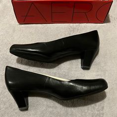 Aerosoles Leather Heels. Brand New! Never Worn, In Its Original Box! Size: 8us/6eu. Color: Black Leather. These Are. Cushioned Heels And Very Comfortable. Has A Short Heel. Perfect For Work And Going Out! Black Court Shoes With 4-inch Heel And Square Toe, Black Square Toe Court Shoes With 4-inch Heel, Black Square Toe Heels For Business, Black Heels With Sculpted Heel For Business, Black Almond Toe Heels For Business, Black Round Toe Business Heels, Business Black 4-inch Heels, Classic Black Leather Shoes With Block Heel, Business Heels With Padded Heel