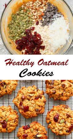 healthy oatmeal cookies with cranberries, nuts and seeds on top