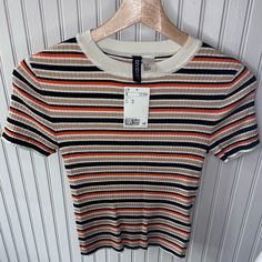 Nwt - Cream, Black, White & Orange Striped Top - 41% Viscose, 41% Acrylic, 18% Polyamide - Pit To Pit 11 Inches Fitted Orange Ribbed Top, Fitted Orange Tops For Work, H&m Striped Tops, H&m Orange Summer Tops, Black Orange, Orange White, 11 Inches, Striped Shirt, Orange Black