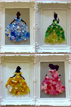 four framed pictures with buttons on them in the shape of princess's gowns