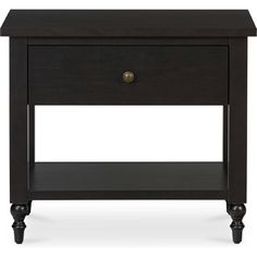 a black end table with one drawer on the bottom and two legs at the bottom