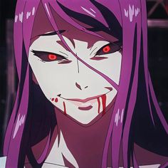 an anime character with purple hair and red eyes looking at the camera while wearing blood on her face