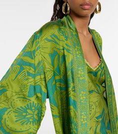 Erica floral kaftan in green - Poupette St Barth | Mytheresa Floral Print Rayon Kimono With Kimono Sleeves, Elegant Viscose Kaftan, Green Printed Kaftan With Kimono Sleeves, Vacation Green Kaftan With Floral Print, Green Spring Kaftan With Kimono Sleeves, Silk Robe For Spring Vacation, Green Dress With Kimono Sleeves For Loungewear, Green Kimono Sleeve Sets For Spring, Silk Robe For Vacation In Spring