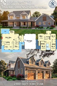 two story house plan with 3 car garage and attached living room, bedroom and bathroom