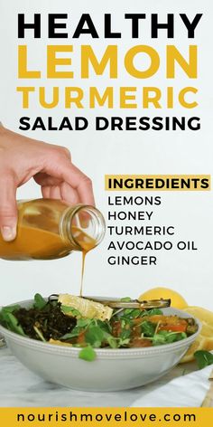 a person pouring dressing into a bowl of salad with lemons and greens on the side