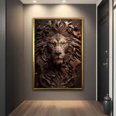 a lion's head is shown on the wall above a wooden floor