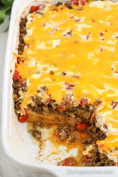 a casserole dish filled with meat and cheese