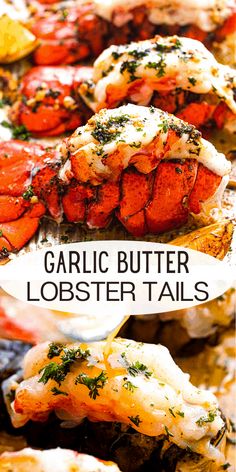 grilled lobster tails with garlic butter and lemon zest on the side, along with text overlay that reads garlic butter lobster tails