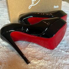 These Are An Absolutely Stunning Classic Christian Louboutin, Lady Peep 150, Patent Calf, Size Eu 38.5. One Of The Sexiest Pair Of Heels Ever Made. The Platform Is 50mm Of The 150mm Total Height. I Purchased At Saks Fifth Avenue San Francisco. Note: Louboutin Does Run Small. I Wear An 8.5 Now And They Are Too Tight For Me By At Least A Half Size Or More, Which Is Why They Are Unused. Best To Know And Be Familiar With Your Personal Louboutin Shoe Size And Fit. Reasonable Offers Will Be Considered Luis Vuitton Shoes Heels Christian Louboutin Red Bottoms, Loubuitton Heels, Christian Louboutin Aesthetic, Louboutin Aesthetic, Aesthetic Heels, Elegant Goth, Red Bottom Heels, Black Chunky Heels, Crystal Heels