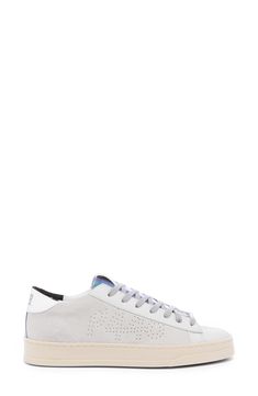 An iconic logo perforates the side of this cushioned sneaker set on a platform sole and elevated with a metallic tongue. Lace-up style Removable, cushioned insole Leather upper/recycled textile, synthetic and leather lining/synthetic sole Made in Italy Silver Low-top Sneakers With Textured Sole, Low-top White-sole Skate Shoes With Perforations, Modern Low-top Skate Shoes With Perforations, Trendy Platform Sneakers With Perforations And White Sole, Low-top Platform Sneakers With Perforations For Streetwear, Platform Sneakers With Perforations For Sports, Trendy Low-top Platform Sneakers With Perforations, Silver Casual Sneakers With Perforations, Casual Silver Sneakers With Perforations